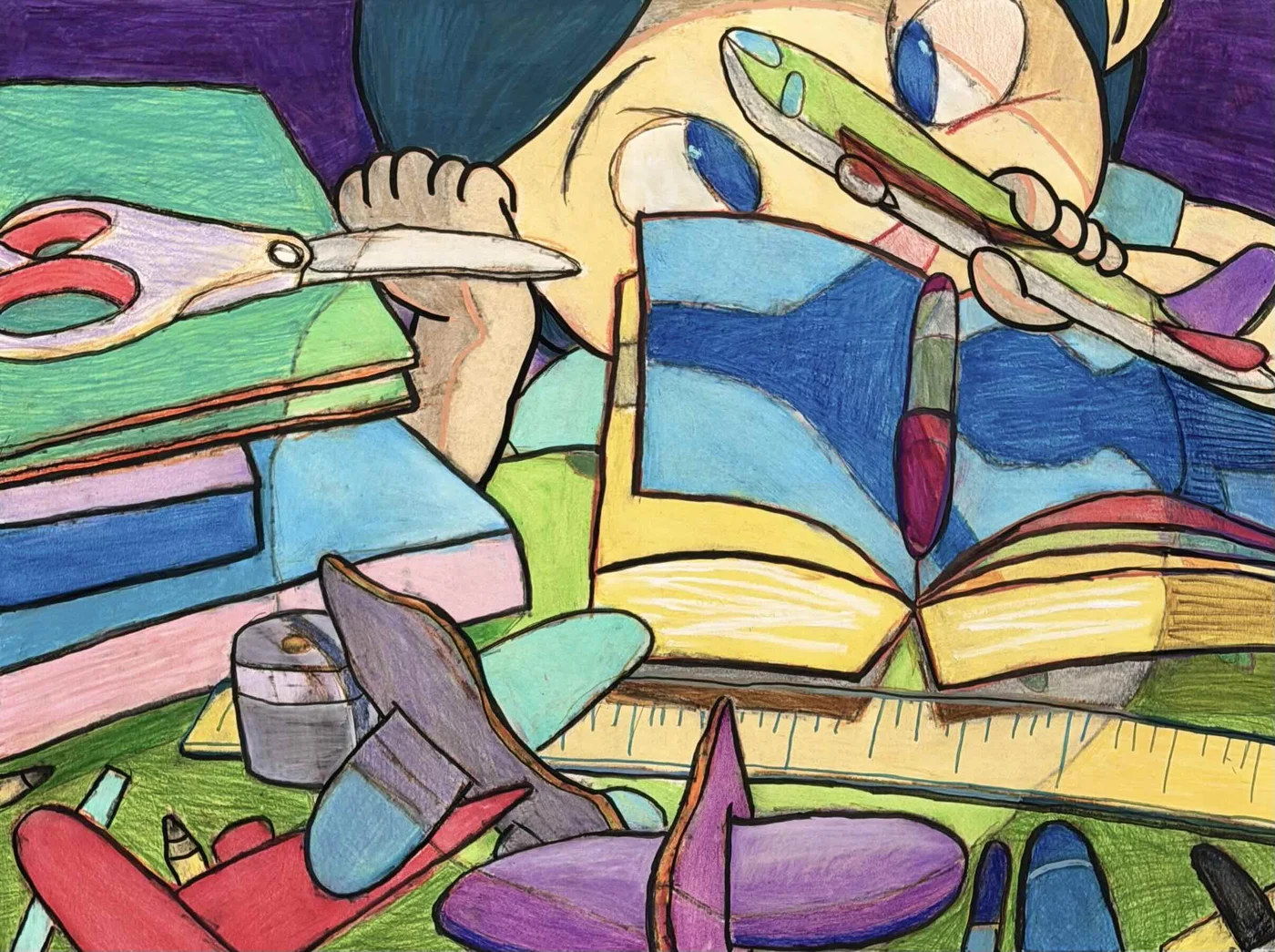 Homework Break, a colorful mixed-media drawing of a child surrounded by books, school supplies, and toy airplanes