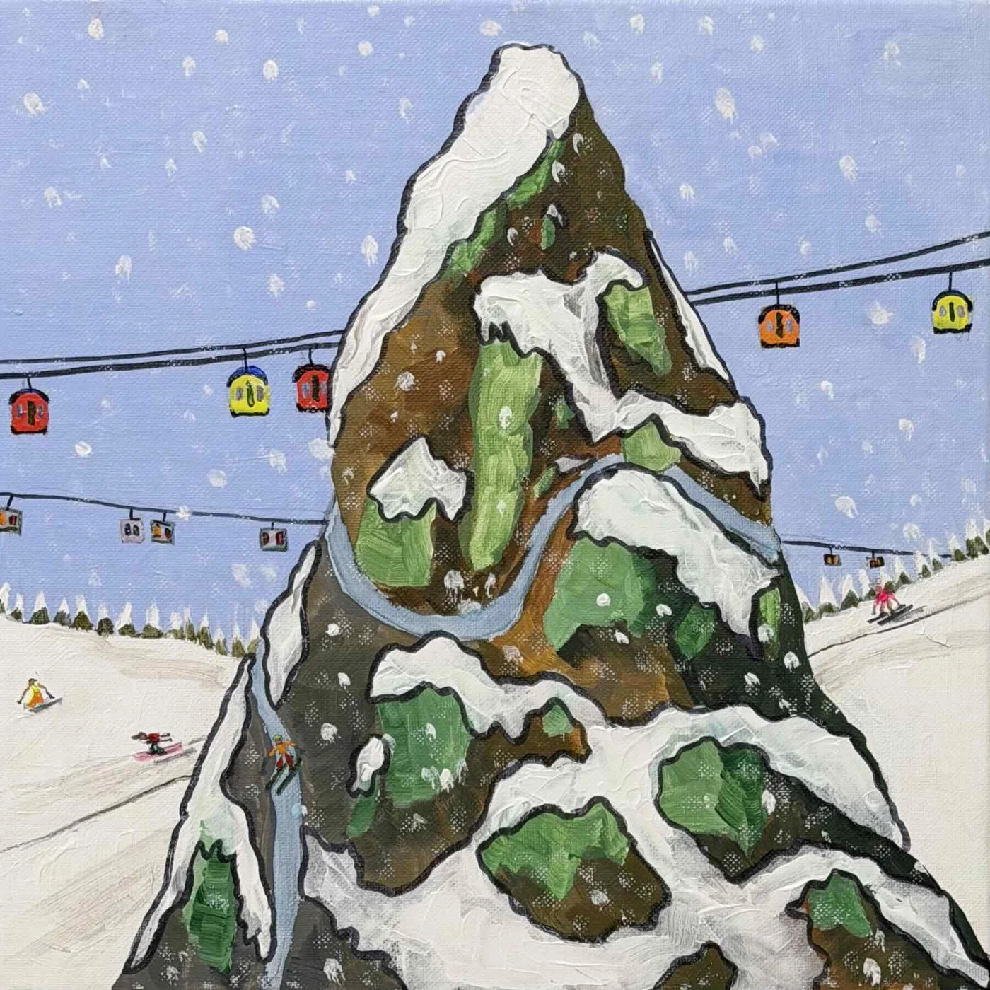 Winter, 2024, a mixed-media painting of a snow-covered mountain with gondolas and skiers